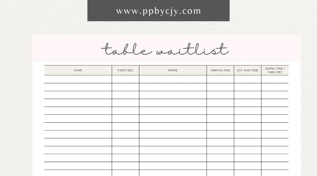 Table Wait List Printable Template – Digital download for tracking and managing customers waiting for a table, including names, wait times, and contact details