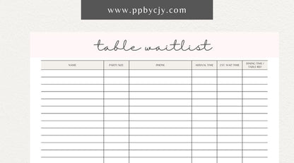 Table Wait List Printable Template – Digital download for tracking and managing customers waiting for a table, including names, wait times, and contact details