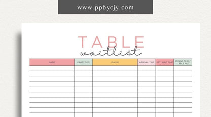 Table Wait List Printable Template – Digital download for tracking and managing customers waiting for a table, including names, wait times, and contact details