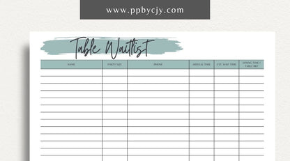 Table Wait List Printable Template – Digital download for tracking and managing customers waiting for a table, including names, wait times, and contact details