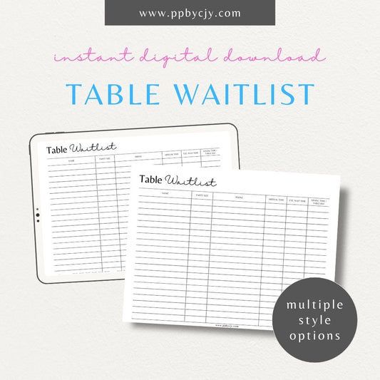 Table Wait List Printable Template – Digital download for tracking and managing customers waiting for a table, including names, wait times, and contact details