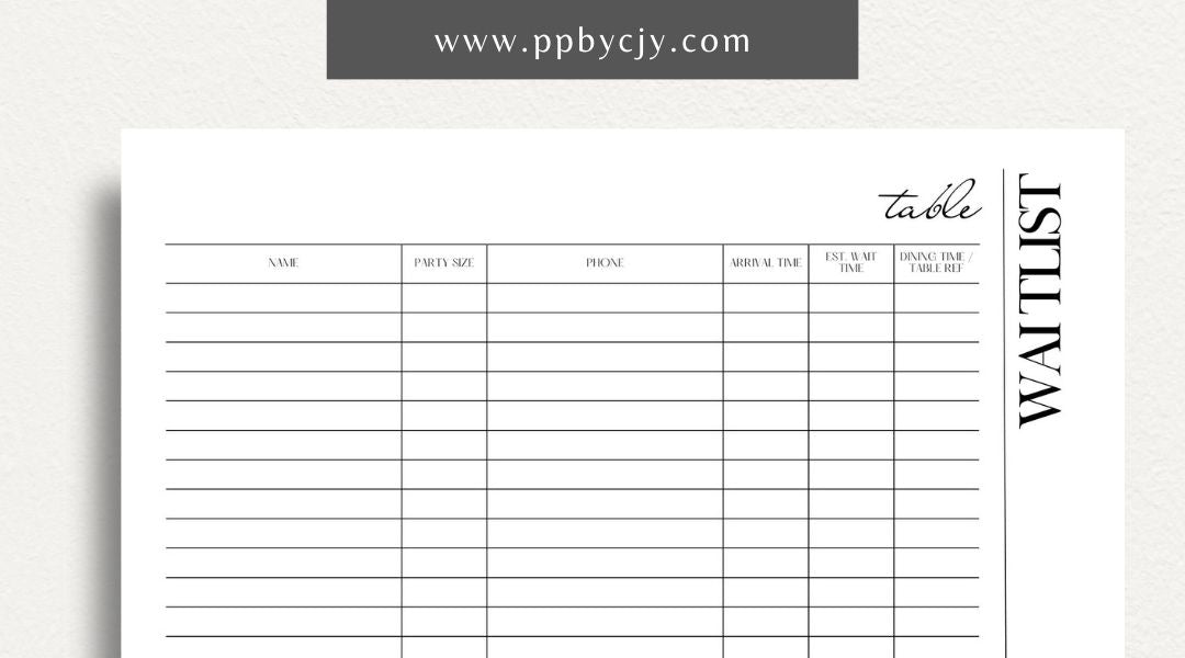 Table Wait List Printable Template – Digital download for tracking and managing customers waiting for a table, including names, wait times, and contact details