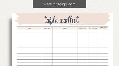 Table Wait List Printable Template – Digital download for tracking and managing customers waiting for a table, including names, wait times, and contact details