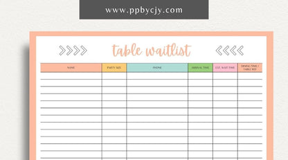 Table Wait List Printable Template – Digital download for tracking and managing customers waiting for a table, including names, wait times, and contact details