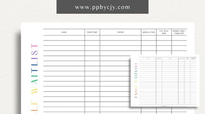 Table Wait List Printable Template – Digital download for tracking and managing customers waiting for a table, including names, wait times, and contact details