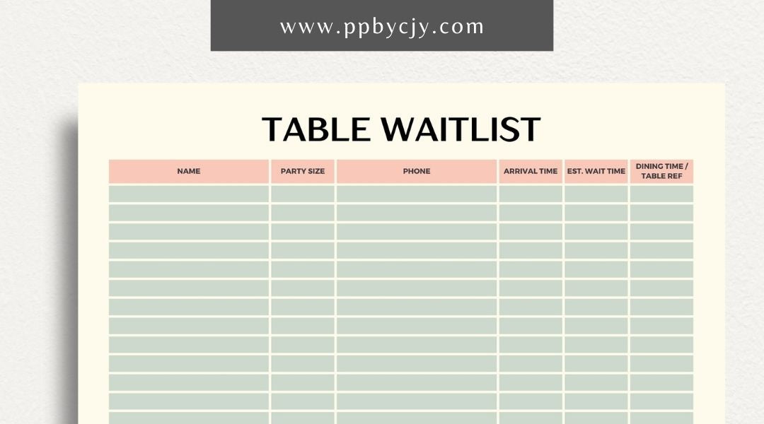 Table Wait List Printable Template – Digital download for tracking and managing customers waiting for a table, including names, wait times, and contact details