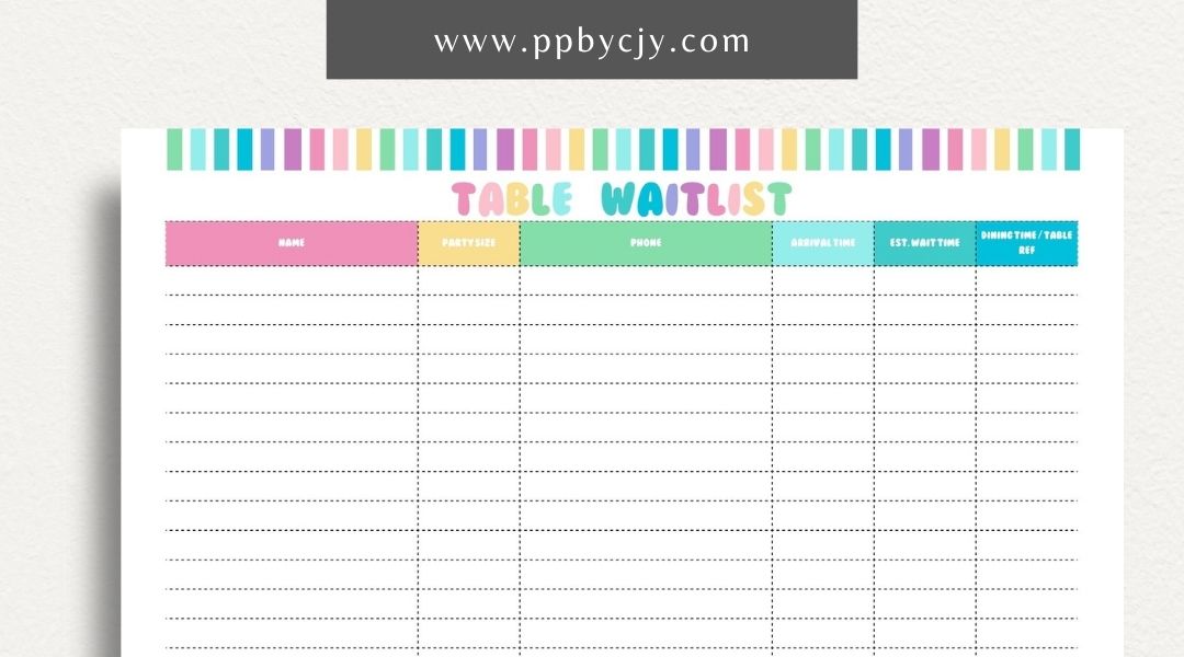 Table Wait List Printable Template – Digital download for tracking and managing customers waiting for a table, including names, wait times, and contact details