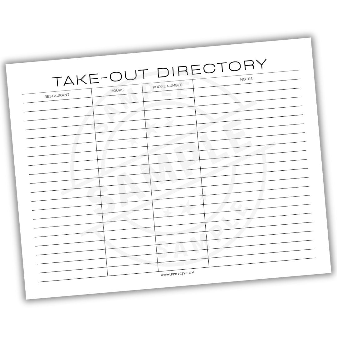 Take-out directory sheet with columns for restaurant name, hours, phone numbers, and notes.