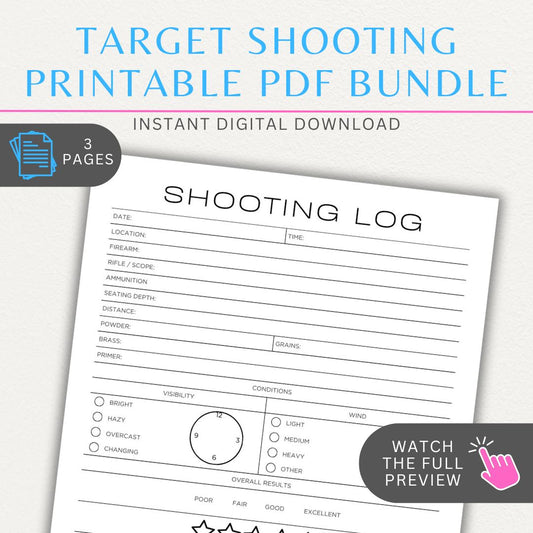 Target Shooting Log Printable PDF Template with firearm details, ammunition type, and accuracy tracker.

