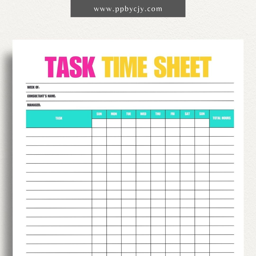 Task Time Sheet Printable Template – Digital download for tracking time spent on various tasks, including start and end times, task descriptions, and total hours worked