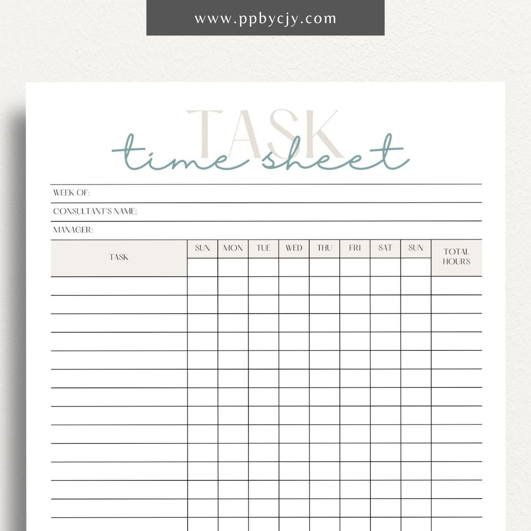 Task Time Sheet Printable Template – Digital download for tracking time spent on various tasks, including start and end times, task descriptions, and total hours worked