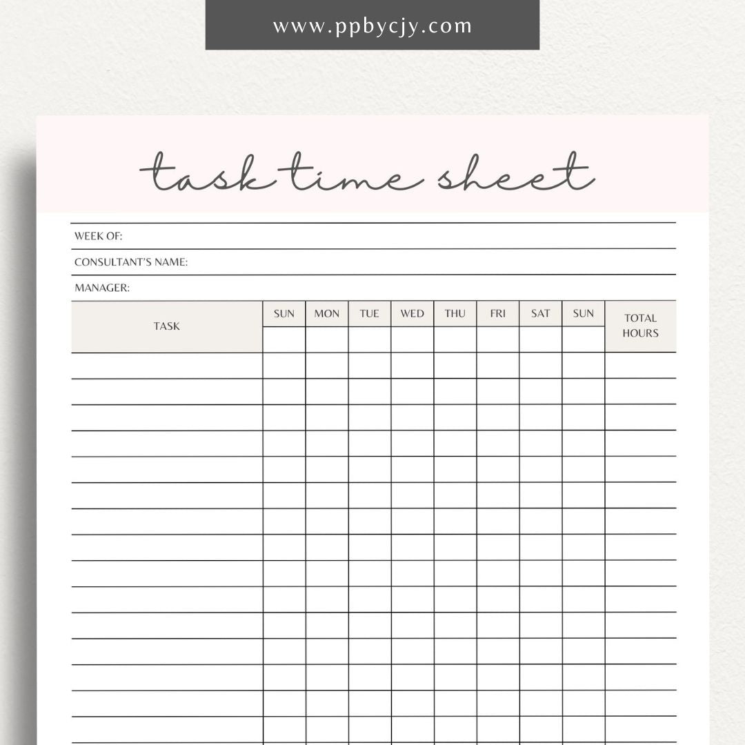 Task Time Sheet Printable Template – Digital download for tracking time spent on various tasks, including start and end times, task descriptions, and total hours worked