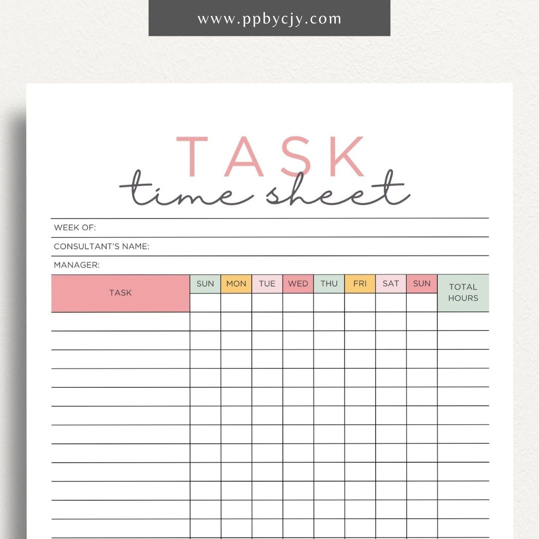 Task Time Sheet Printable Template – Digital download for tracking time spent on various tasks, including start and end times, task descriptions, and total hours worked