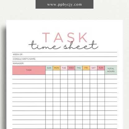 Task Time Sheet Printable Template – Digital download for tracking time spent on various tasks, including start and end times, task descriptions, and total hours worked