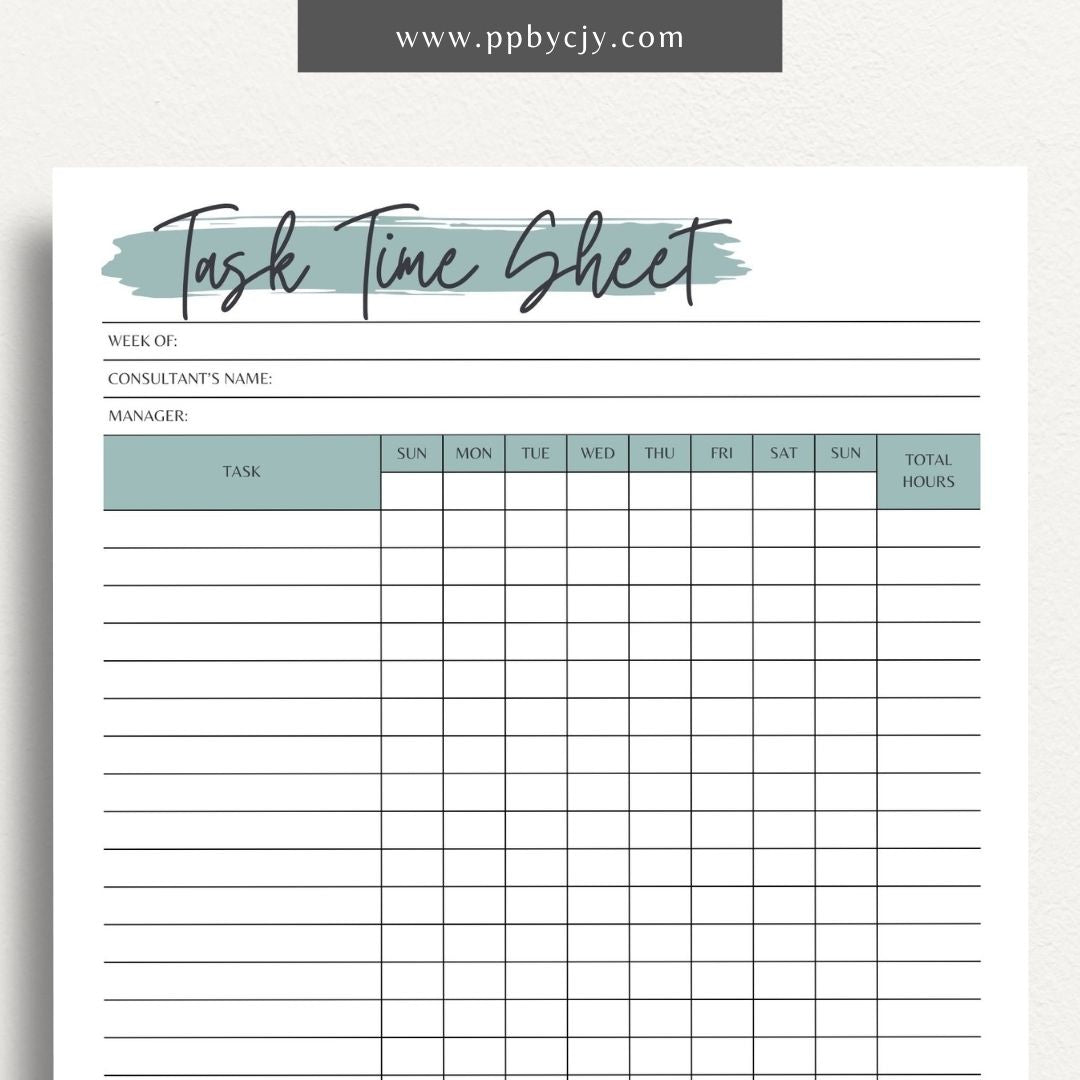 Task Time Sheet Printable Template – Digital download for tracking time spent on various tasks, including start and end times, task descriptions, and total hours worked