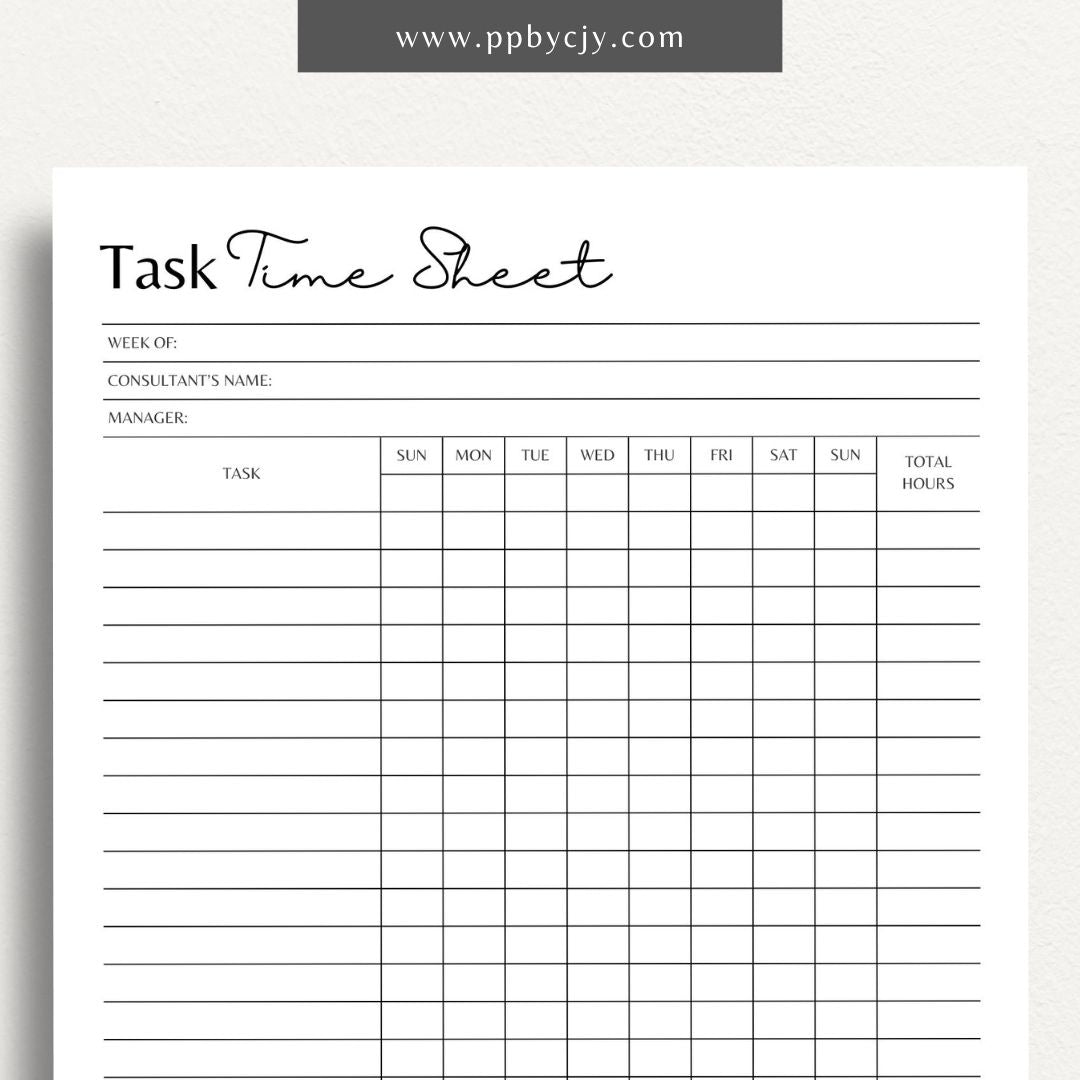 Task Time Sheet Printable Template – Digital download for tracking time spent on various tasks, including start and end times, task descriptions, and total hours worked