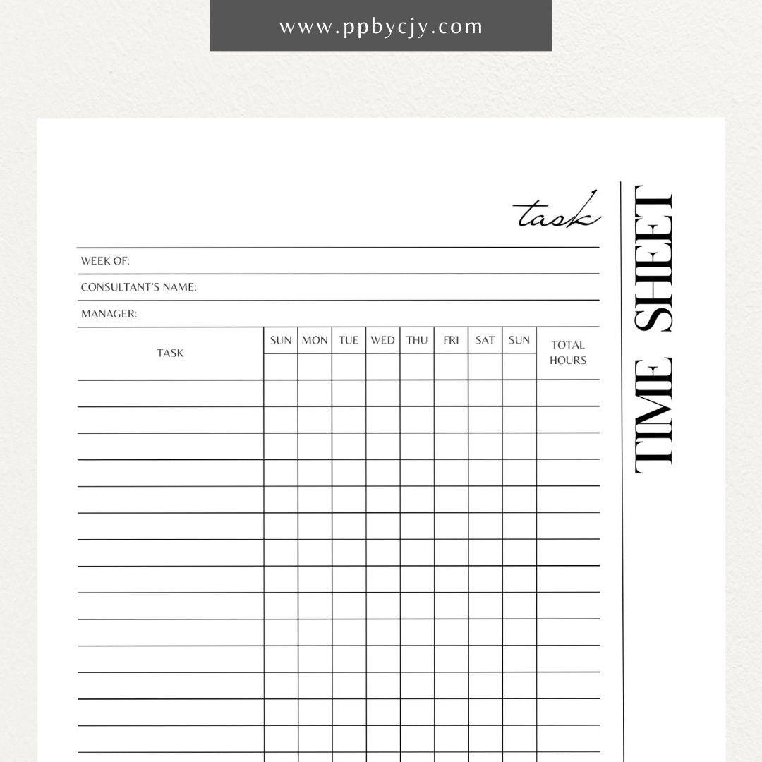 Task Time Sheet Printable Template – Digital download for tracking time spent on various tasks, including start and end times, task descriptions, and total hours worked