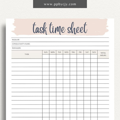 Task Time Sheet Printable Template – Digital download for tracking time spent on various tasks, including start and end times, task descriptions, and total hours worked