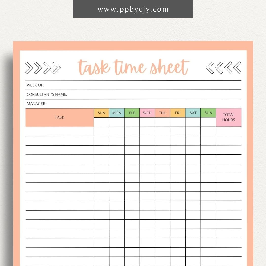 Task Time Sheet Printable Template – Digital download for tracking time spent on various tasks, including start and end times, task descriptions, and total hours worked