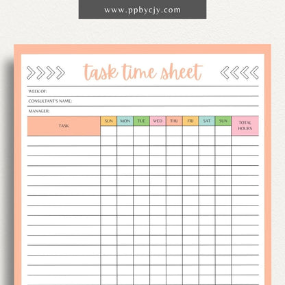 Task Time Sheet Printable Template – Digital download for tracking time spent on various tasks, including start and end times, task descriptions, and total hours worked