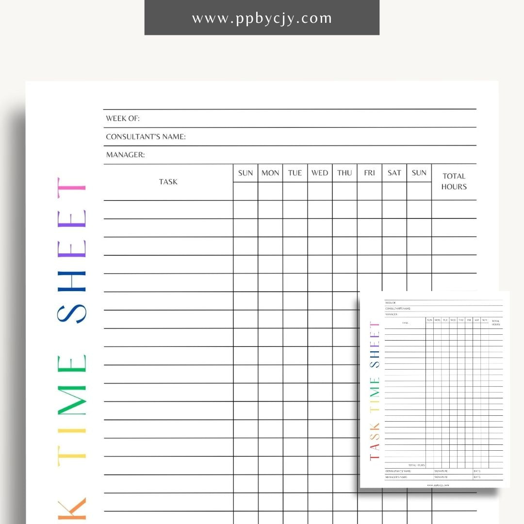 Task Time Sheet Printable Template – Digital download for tracking time spent on various tasks, including start and end times, task descriptions, and total hours worked