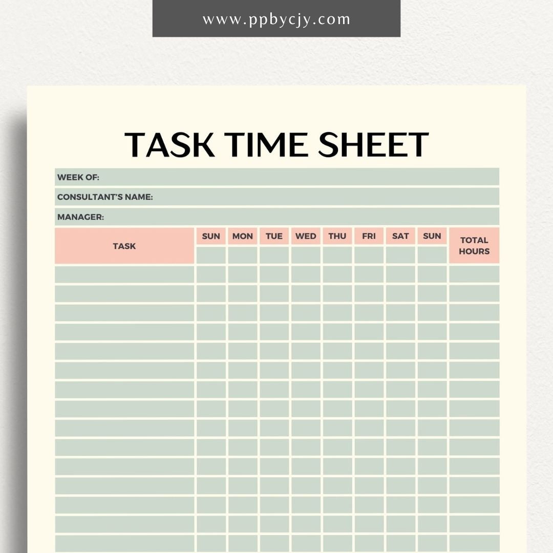 Task Time Sheet Printable Template – Digital download for tracking time spent on various tasks, including start and end times, task descriptions, and total hours worked