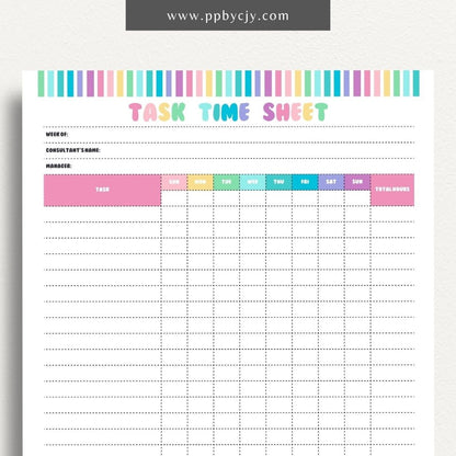 Task Time Sheet Printable Template – Digital download for tracking time spent on various tasks, including start and end times, task descriptions, and total hours worked