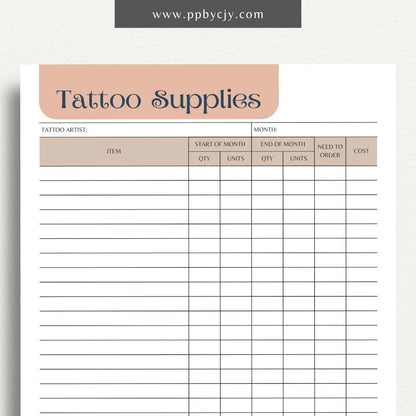 Tattoo Supply Inventory Printable Template – Digital download for organizing and managing inventory of tattoo supplies, including types, quantities, and reorder levels