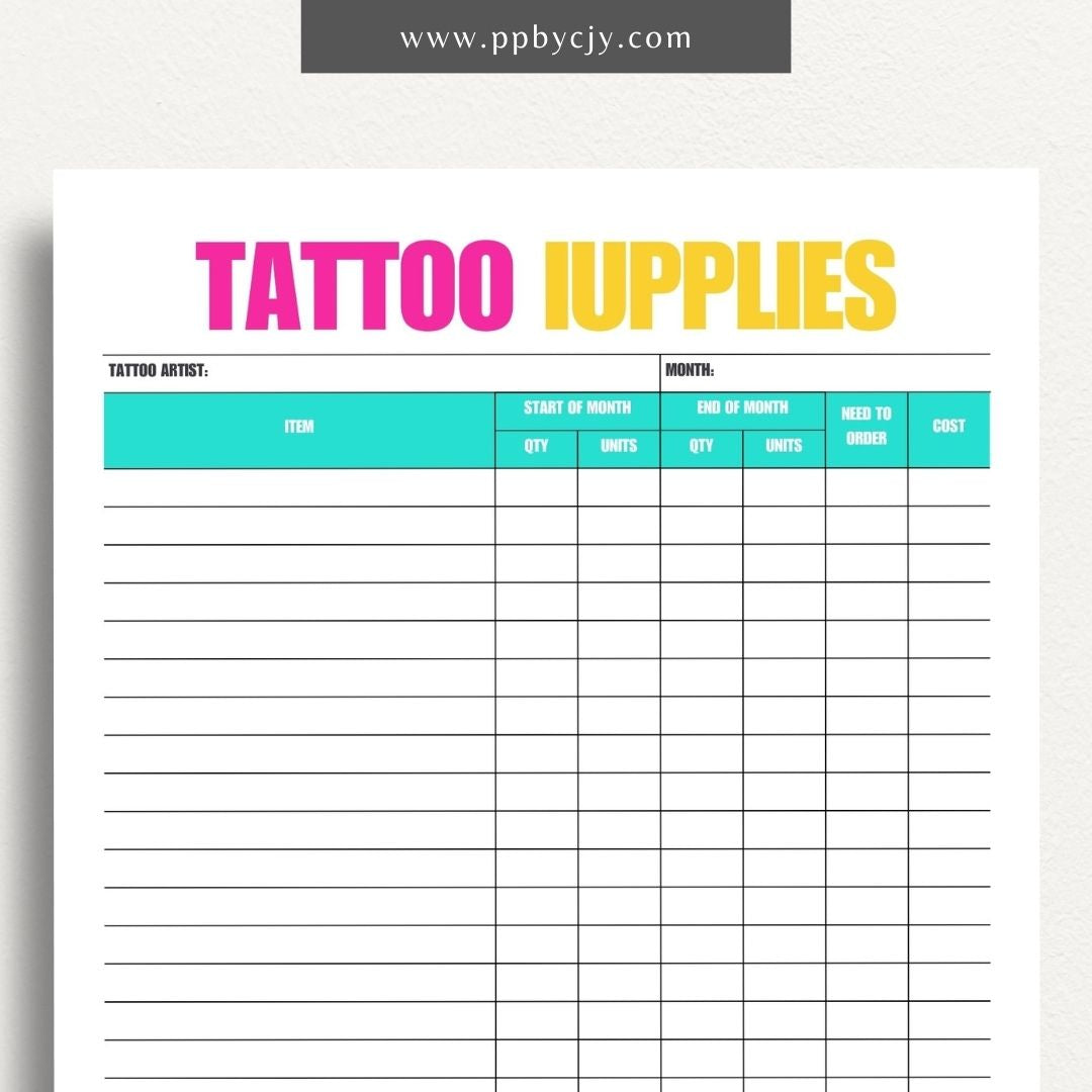 Tattoo Supply Inventory Printable Template – Digital download for organizing and managing inventory of tattoo supplies, including types, quantities, and reorder levels