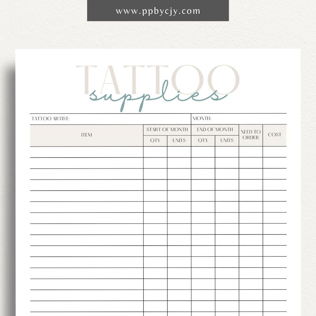 Tattoo Supply Inventory Printable Template – Digital download for organizing and managing inventory of tattoo supplies, including types, quantities, and reorder levels