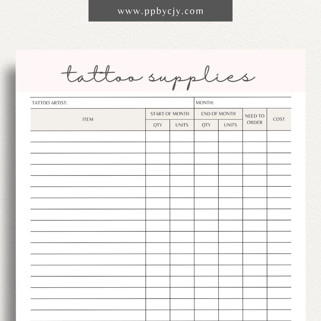 Tattoo Supply Inventory Printable Template – Digital download for organizing and managing inventory of tattoo supplies, including types, quantities, and reorder levels