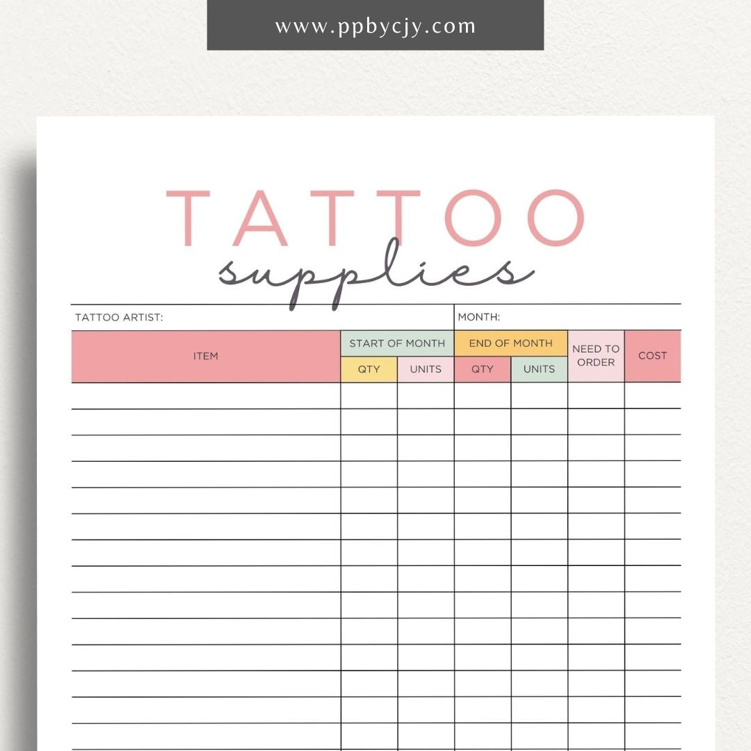 Tattoo Supply Inventory Printable Template – Digital download for organizing and managing inventory of tattoo supplies, including types, quantities, and reorder levels