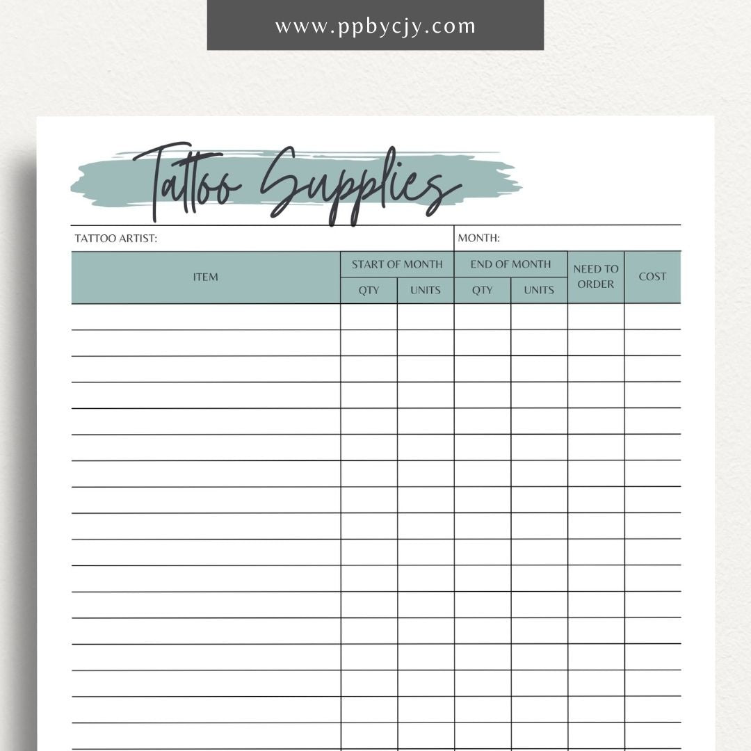 Tattoo Supply Inventory Printable Template – Digital download for organizing and managing inventory of tattoo supplies, including types, quantities, and reorder levels