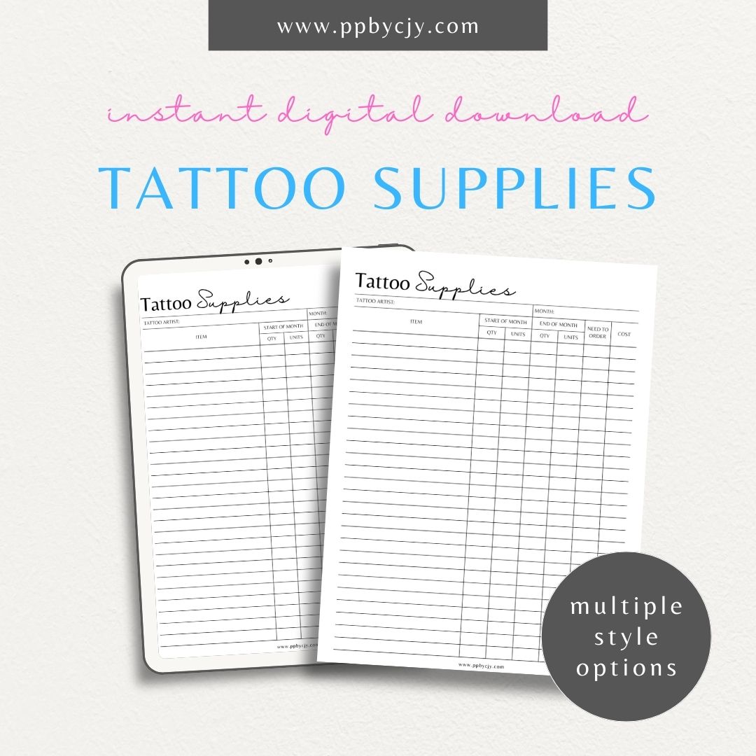 Tattoo Supply Inventory Printable Template – Digital download for organizing and managing inventory of tattoo supplies, including types, quantities, and reorder levels