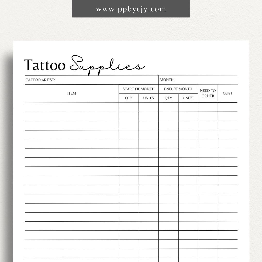 Tattoo Supply Inventory Printable Template – Digital download for organizing and managing inventory of tattoo supplies, including types, quantities, and reorder levels