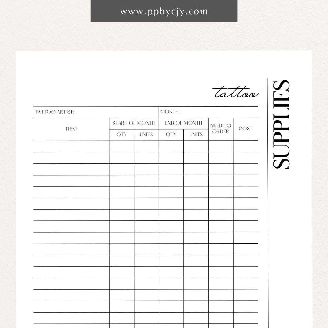 Tattoo Supply Inventory Printable Template – Digital download for organizing and managing inventory of tattoo supplies, including types, quantities, and reorder levels