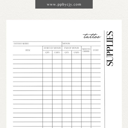 Tattoo Supply Inventory Printable Template – Digital download for organizing and managing inventory of tattoo supplies, including types, quantities, and reorder levels