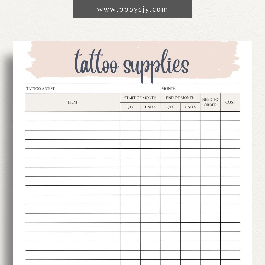 Tattoo Supply Inventory Printable Template – Digital download for organizing and managing inventory of tattoo supplies, including types, quantities, and reorder levels