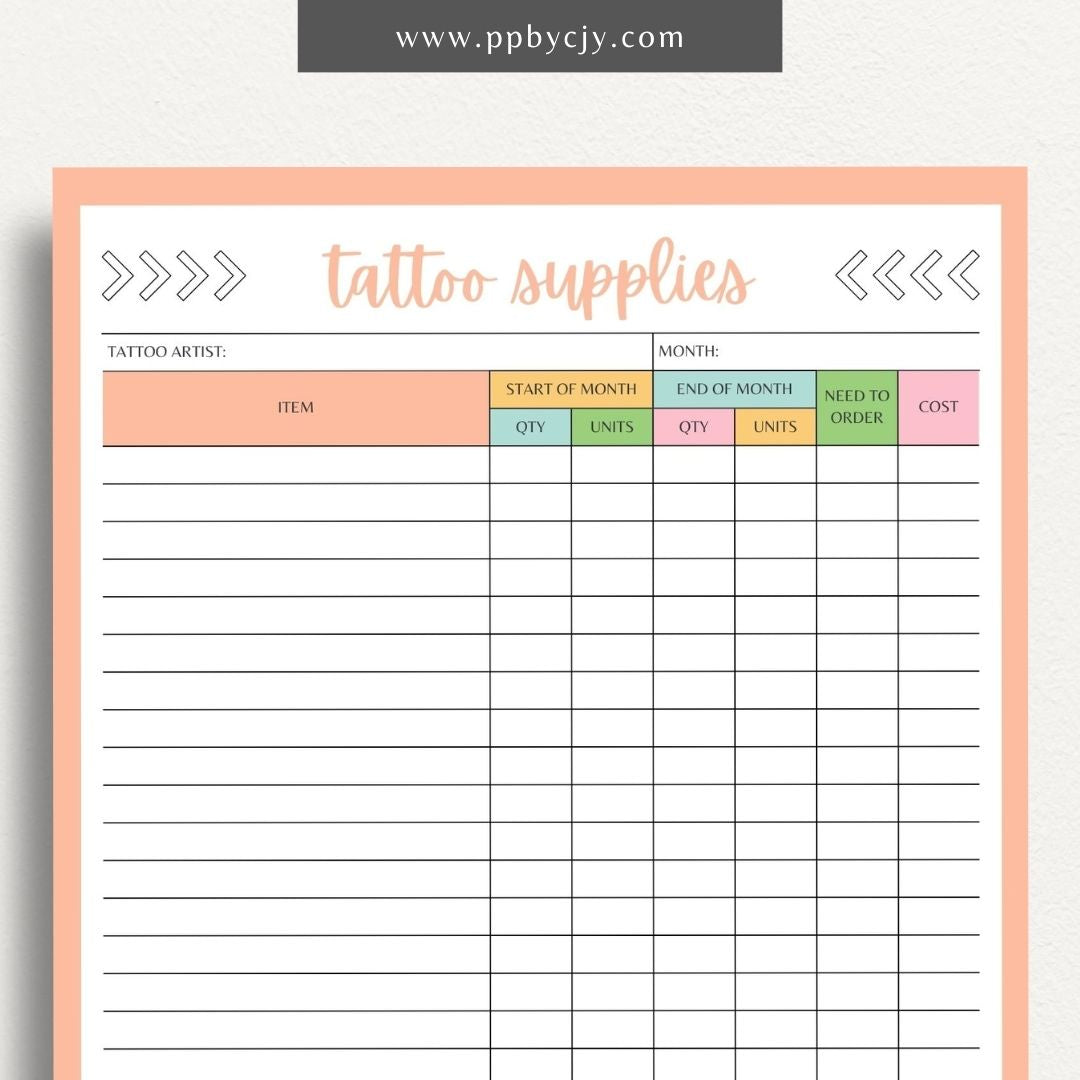 Tattoo Supply Inventory Printable Template – Digital download for organizing and managing inventory of tattoo supplies, including types, quantities, and reorder levels