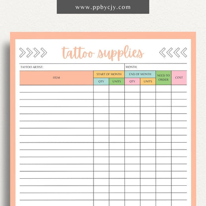 Tattoo Supply Inventory Printable Template – Digital download for organizing and managing inventory of tattoo supplies, including types, quantities, and reorder levels