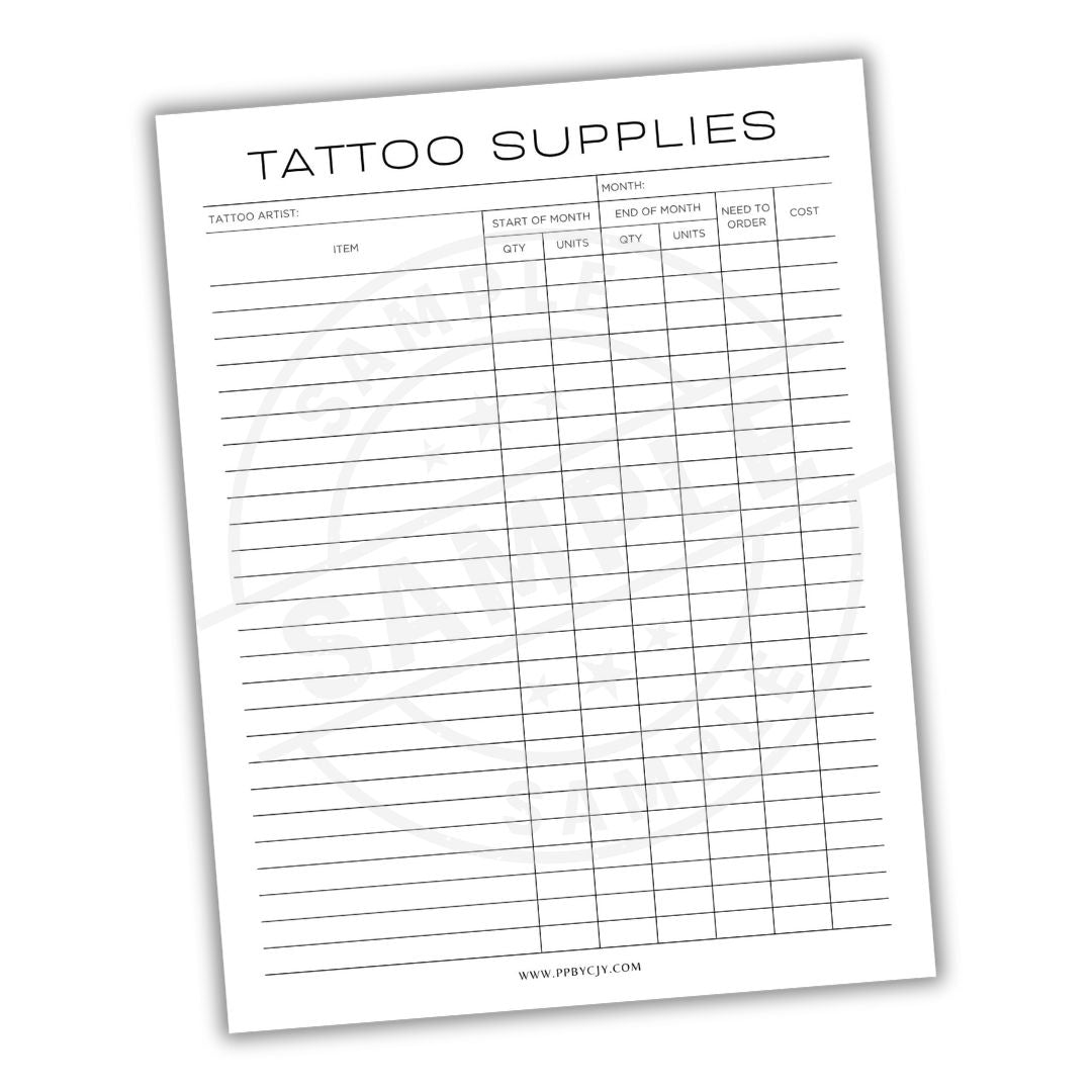 Sheet of paper with a tattoo supplies tracking list on a white background