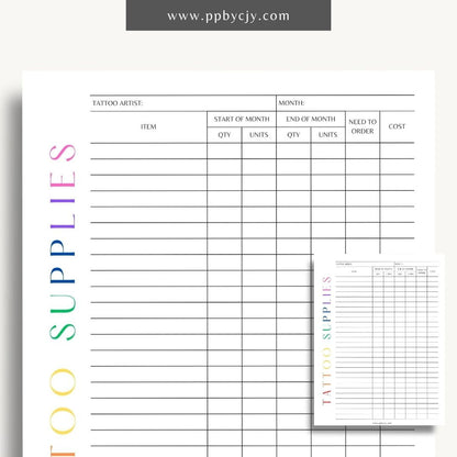 Tattoo Supply Inventory Printable Template – Digital download for organizing and managing inventory of tattoo supplies, including types, quantities, and reorder levels