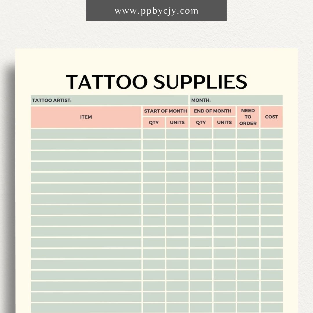 Tattoo Supply Inventory Printable Template – Digital download for organizing and managing inventory of tattoo supplies, including types, quantities, and reorder levels