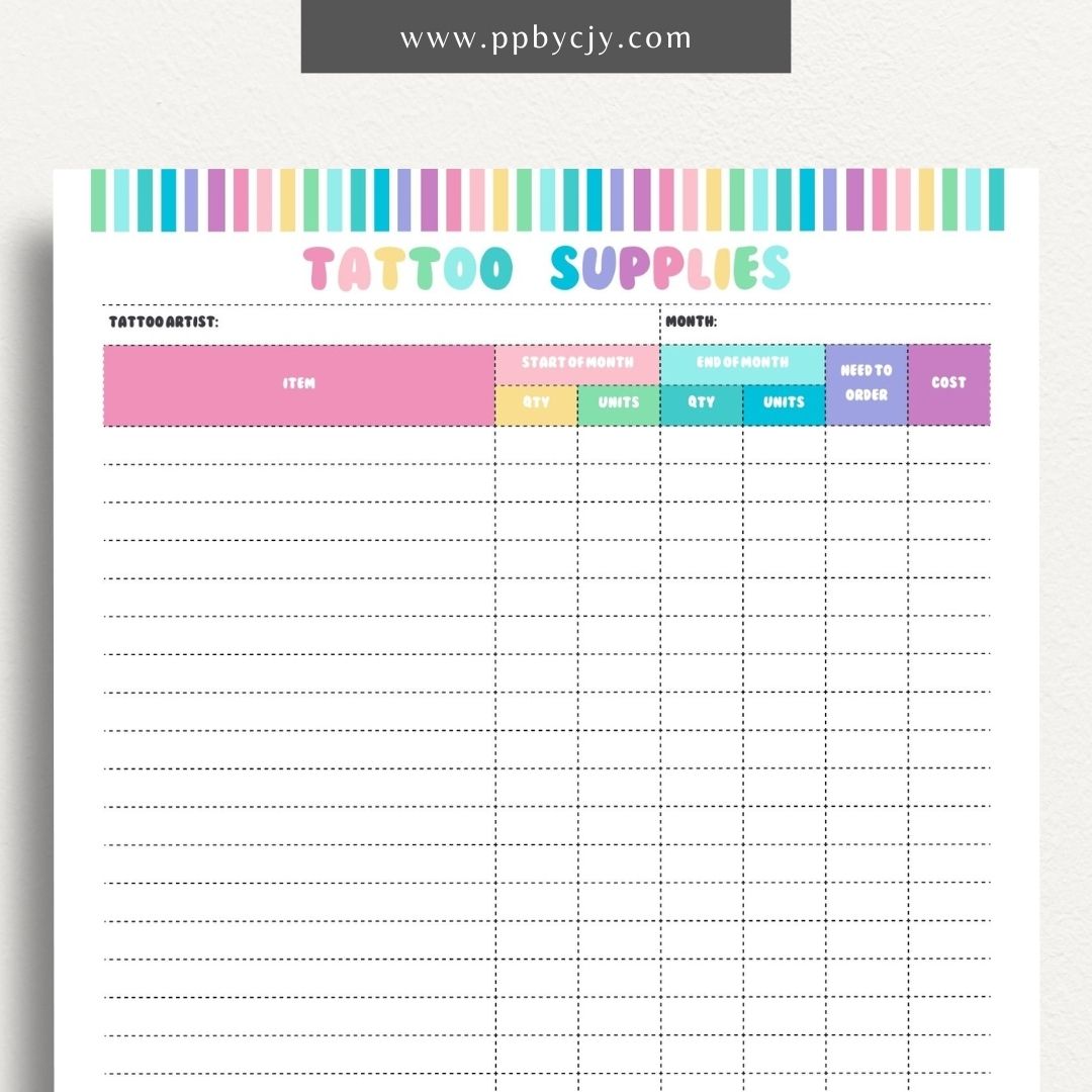 Tattoo Supply Inventory Printable Template – Digital download for organizing and managing inventory of tattoo supplies, including types, quantities, and reorder levels