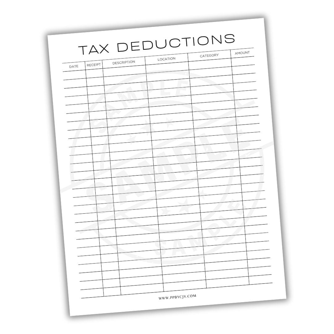 Tax deductions form with columns for date, receipt, description, location, category, and amount on a white background.