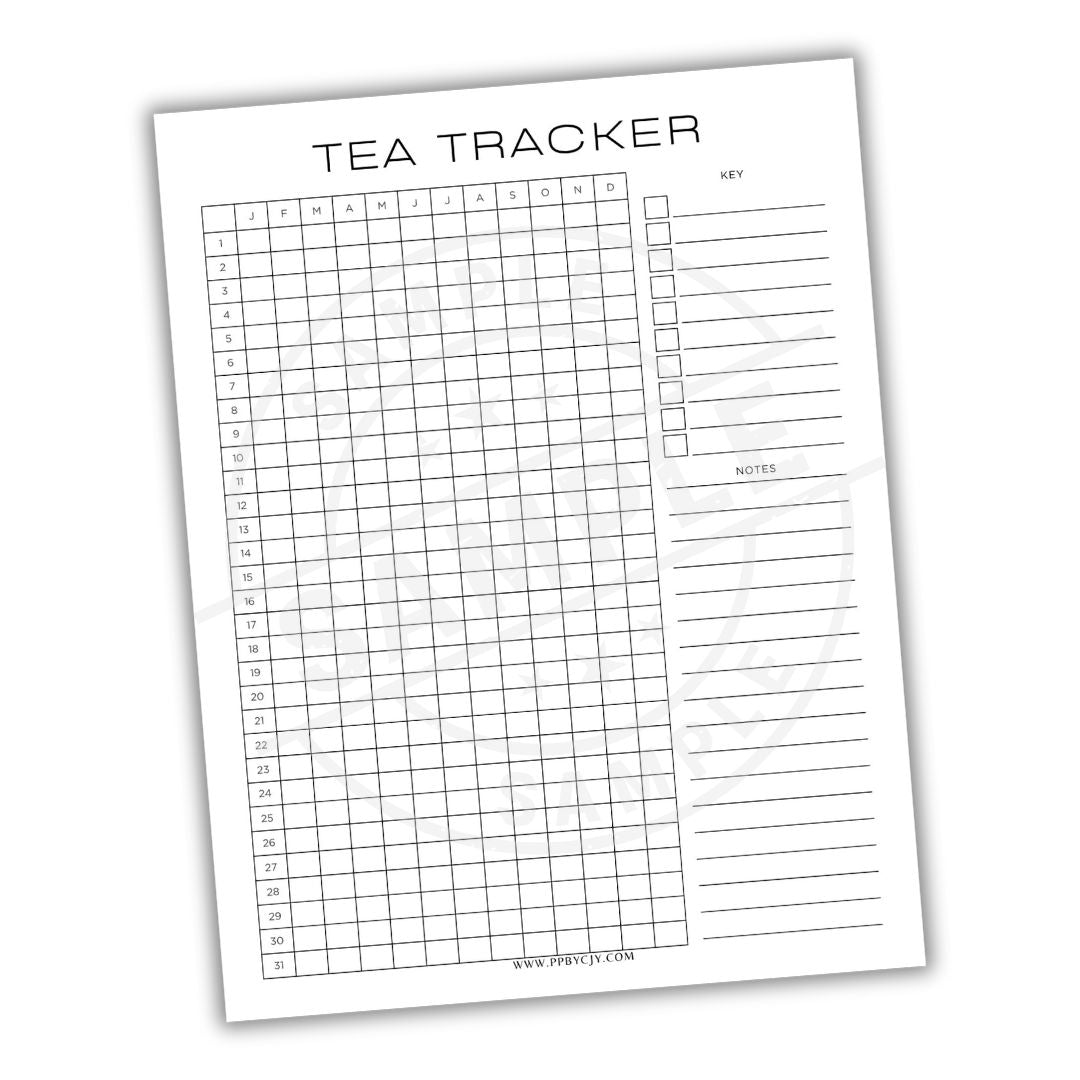 Tea tracker sheet with grid and text on a white background