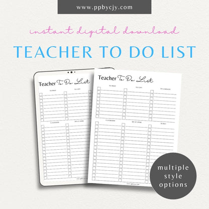 Teacher To-Do List Printable Template – Digital download for organizing and managing daily tasks, lesson plans, and administrative duties for teachers