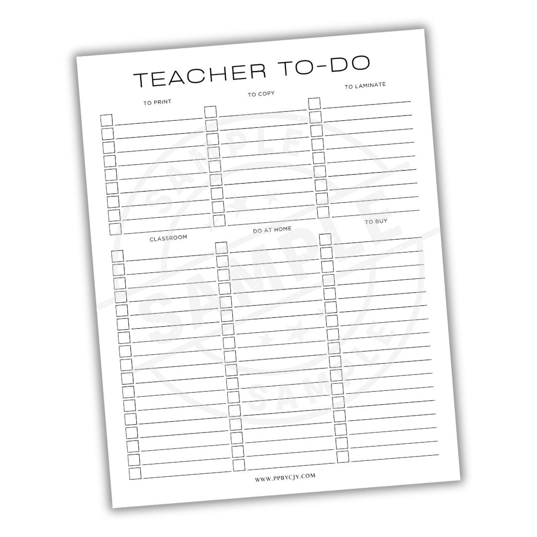 Teacher to-do list sheet with checkboxes on a white background