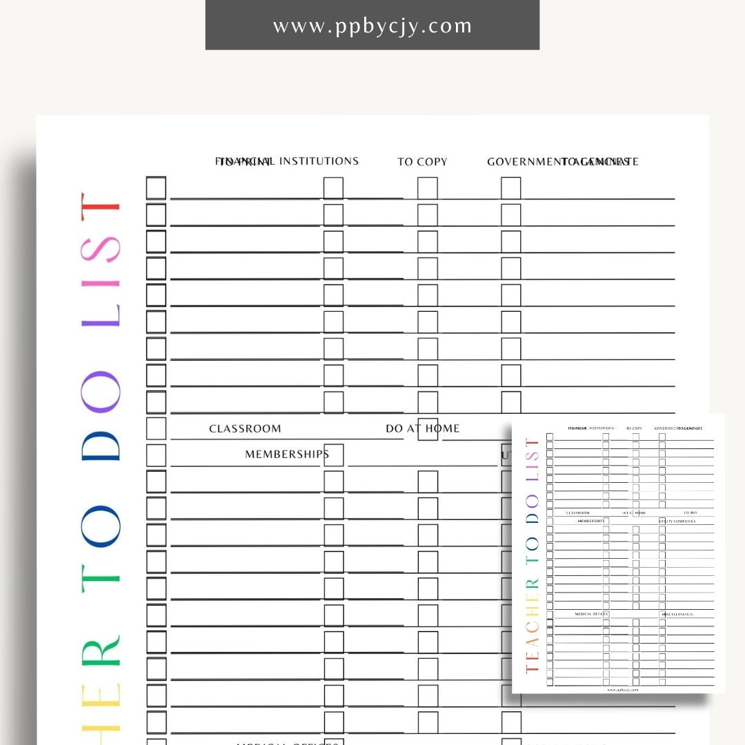 Teacher To-Do List Printable Template – Digital download for organizing and managing daily tasks, lesson plans, and administrative duties for teachers