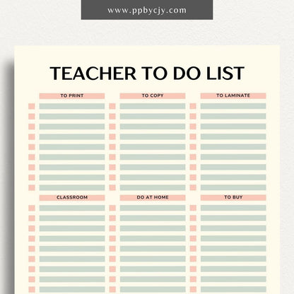 Teacher To-Do List Printable Template – Digital download for organizing and managing daily tasks, lesson plans, and administrative duties for teachers